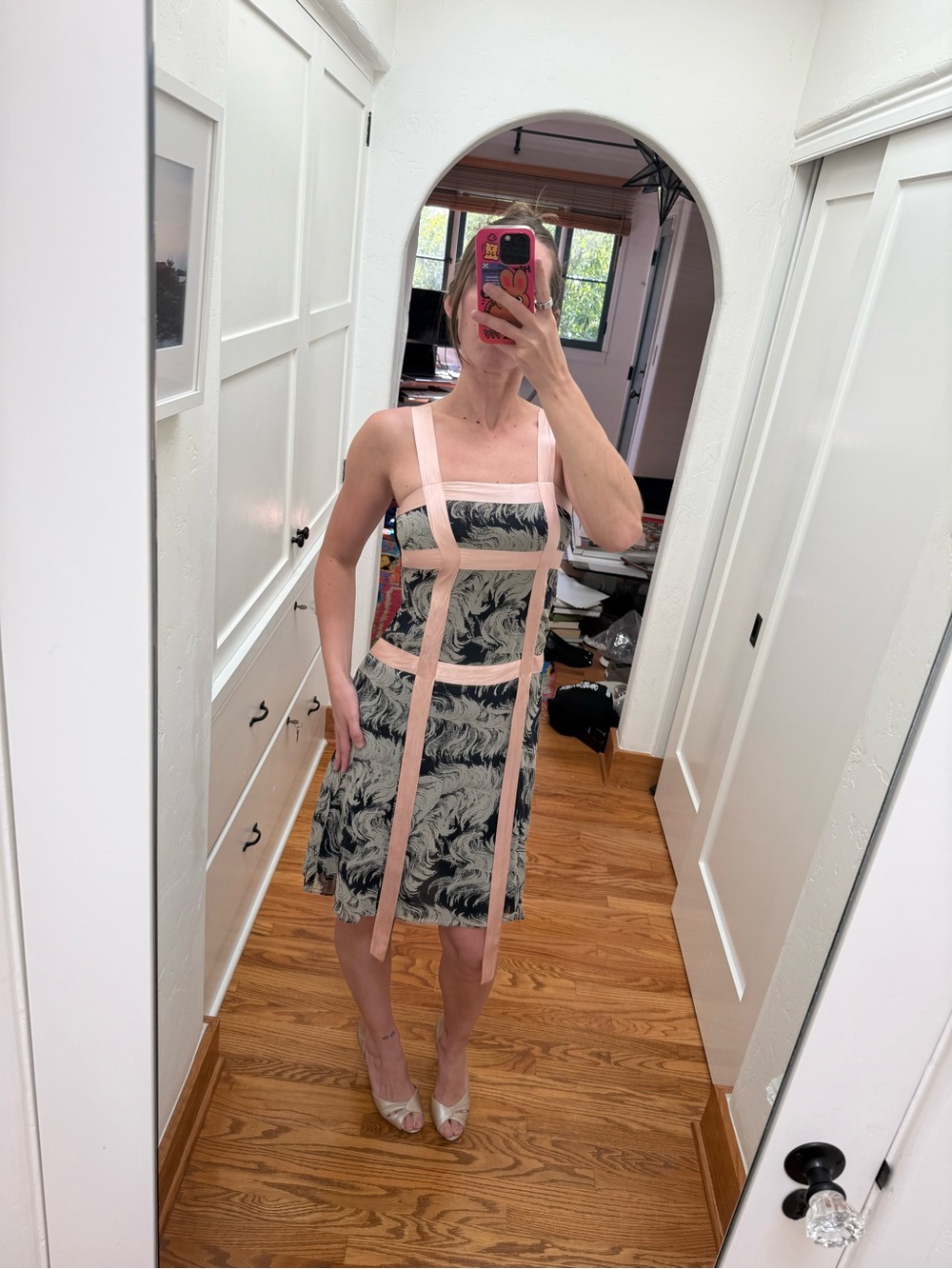 Vintage Y2K Earl Jean 100% Silk Ribbon Trim Dress Pink Black Abstract Slip Dress - Picture 4 of 8